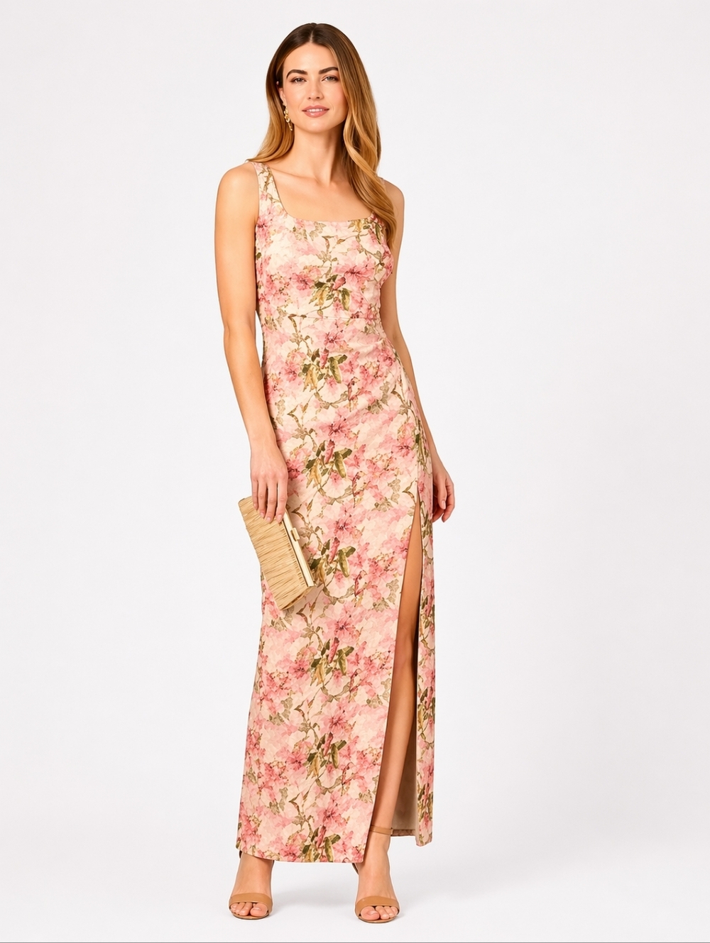 Adrianna Papell Floral Jacquard Gown Size 16 Pink Gold High Slit NWT
